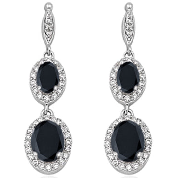 Halo Oval Drop Dangle Chandelier Earring Simulated Black CZ 925 Sterling Silver